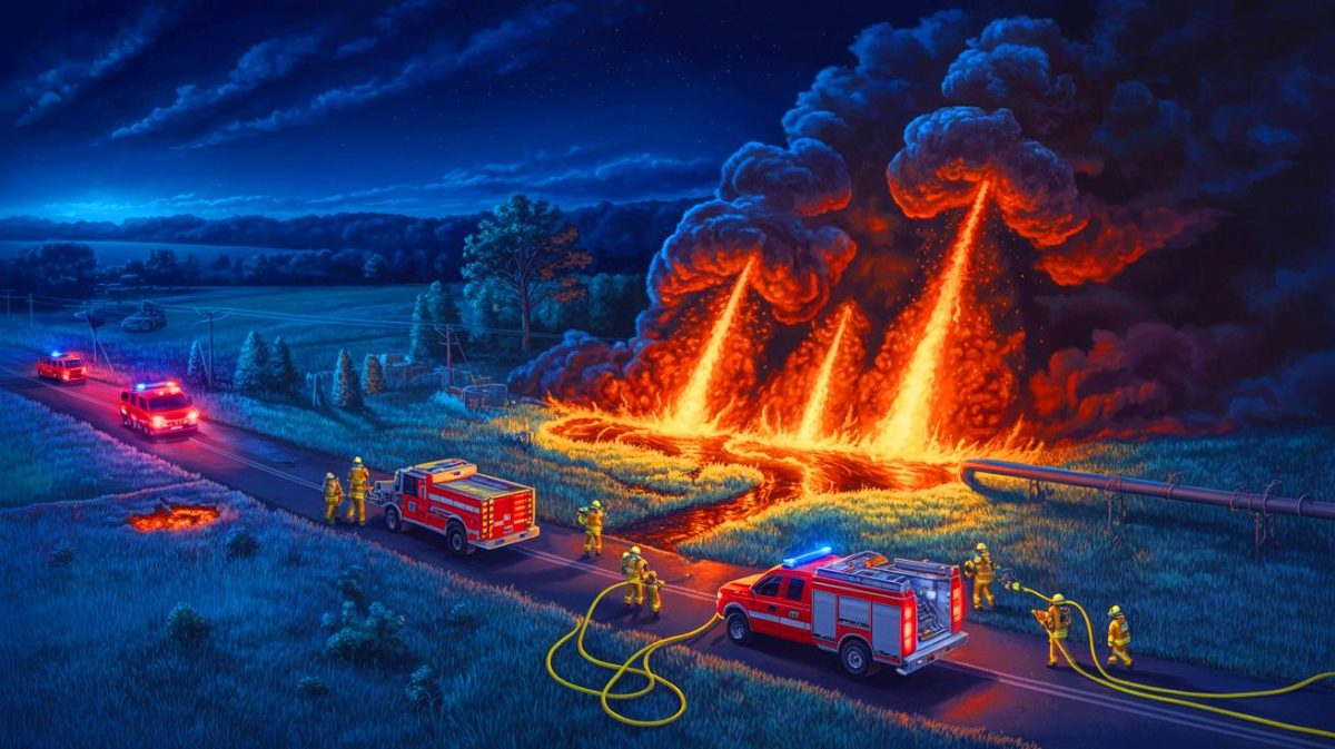 « Comme une scène de guerre » : l’explosion choquante d’un gazoduc en Camargue réveille les habitants en pleine nuit Illustration de l'explosion d'un gazoduc à Saint-Martin-de-Crau en pleine nuit. Image réalisée par IA.