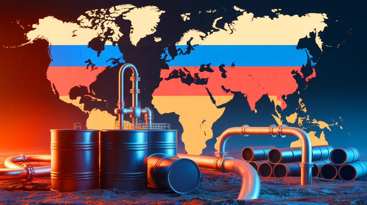 Illustration de la chute des exportations russes de combustibles fossiles suite aux sanctions internationales. Image réalisée par IA.