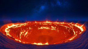 Illustration du cratère de gaz de Darvaza en flammes, surnommé les « Portes de l’Enfer ». Image réalisée par IA.