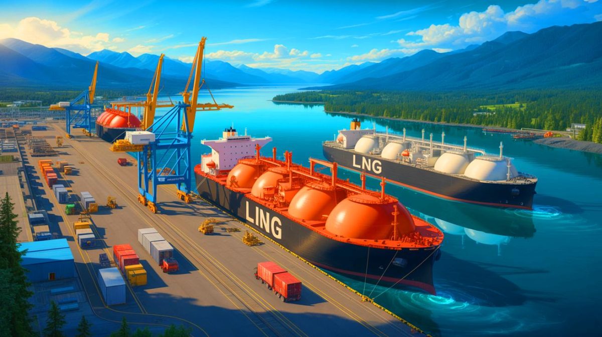 « On a dix ans de retard » : le gaz canadien débarque enfin sur le marché mondial après une longue course d’obstacles Illustration de l'exportation de gaz naturel liquéfié (GNL) canadien vers le marché asiatique. Image réalisée par IA.
