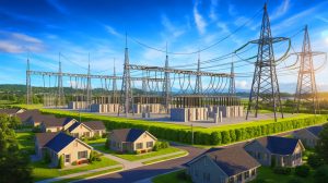 Illustration d'un pylône électrique à côté d'une maison, symbolisant la distribution locale d'énergie. Image réalisée par IA.