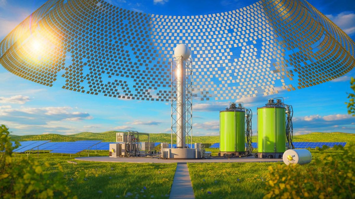 Quand la science bouleverse l’énergie : ce nouveau réacteur solaire offre de l’hydrogène vert à moindre coût que l’électrolyse Illustration de la production d'hydrogène vert à partir d'un réacteur solaire. Image réalisée par IA.