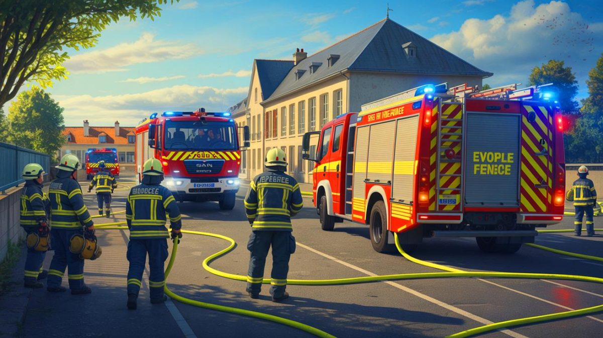 Illustration de l'intervention des secours lors d'une fuite de gaz dans une école en Vendée. Image réalisée par IA.