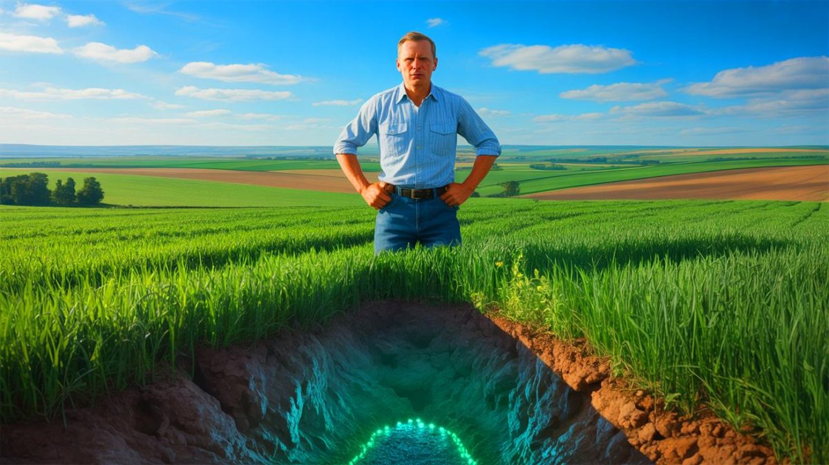 Un agriculteur défie les géants de l’énergie : un trésor de 52 milliards d’euros reste enfoui sous ces terres rurales inébranlables Illustration de l'agriculteur résistant aux offres pour son gisement de gaz naturel. Image réalisée par IA.