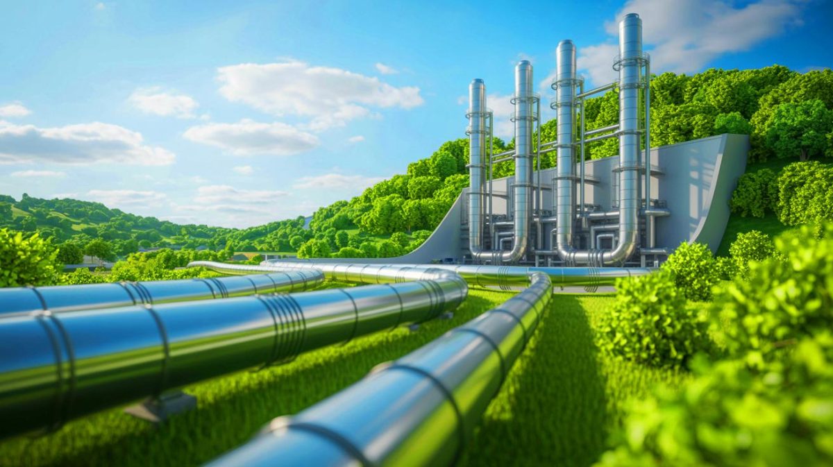 Illustration de l'injection de biométhane issu de déchets humains dans le réseau gazier britannique, générée par intelligence artificielle.