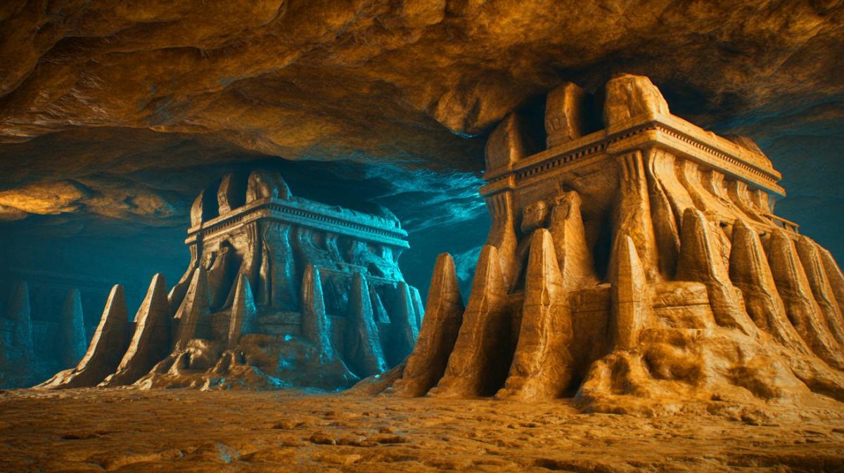 Des structures colossales découvertes sous la surface terrestre : les scientifiques stupéfaits par ces forteresses invisibles à l’œil nu Illustration de forteresses géantes cachées sous la surface de la Terre, générée par intelligence artificielle.