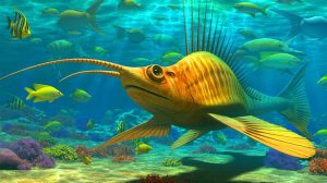 Illustration de Nektognathus nageant dans la mer cambrienne, générée par intelligence artificielle.