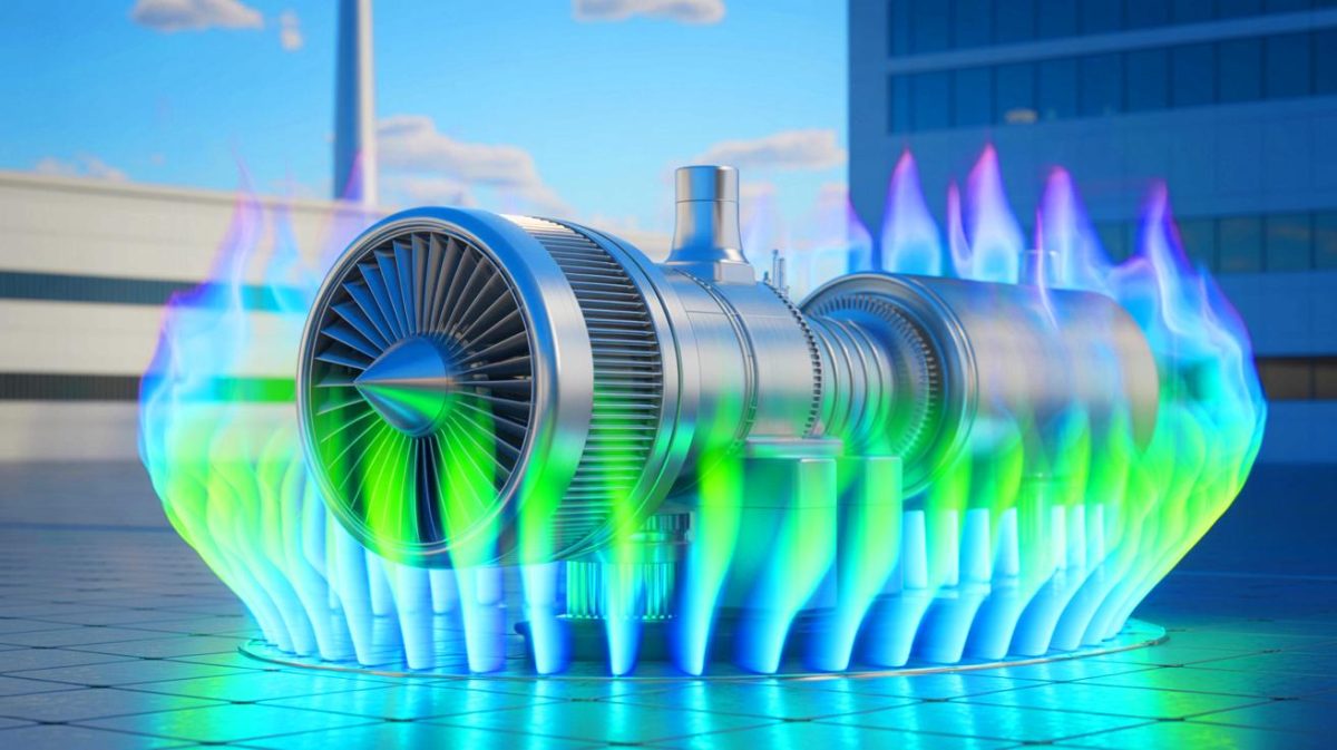 « C’est comme apprivoiser un dragon » : des chercheurs réussissent l’exploit inédit de faire tourner une turbine à gaz uniquement à l’hydrogène pur Illustration de l'utilisation d'une turbine à gaz fonctionnant exclusivement à l'hydrogène, générée par intelligence artificielle.