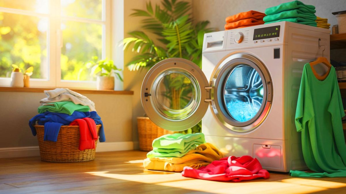 « J’ai baissé ma facture juste en changeant ça » : l’astuce peu connue pour utiliser son lave-linge sans se ruiner cet été Illustration de l'optimisation de la consommation d'énergie du lave-linge durant l'été, générée par intelligence artificielle.