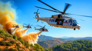 Illustration de l'acquisition par la Grèce de huit hélicoptères H215 pour renforcer la lutte contre les incendies, générée par intelligence artificielle.