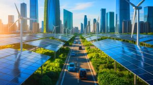 Illustration de l'impact des investissements chinois dans l'énergie verte sur les infrastructures énergétiques mondiales, créée par intelligence artificielle.