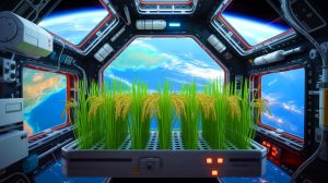 Illustration de plants de riz mutant ultra-nains destinés à l'agriculture spatiale, générée par intelligence artificielle.