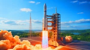 Illustration de la fusée ZERO d'Interstellar Technologies propulsée par un moteur au biométhane liquide, réalisée par intelligence artificielle.