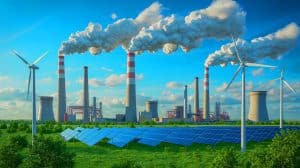 Illustration de la baisse des émissions de gaz à effet de serre en France en 2025 liée à la crise industrielle. Image réalisée par IA.