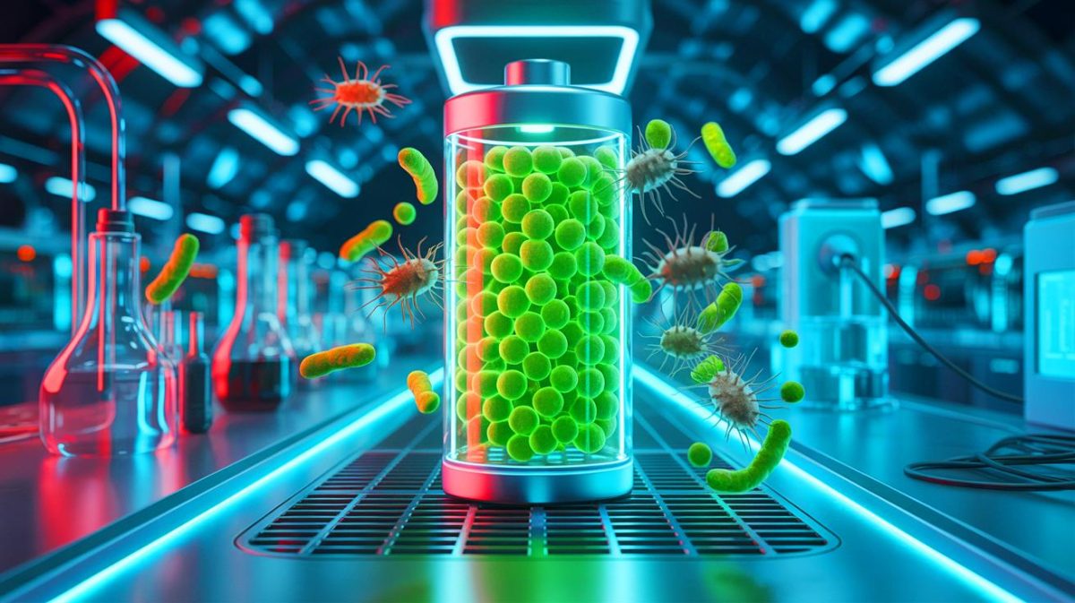 « Elle se régénère toute seule ! » : la Chine dévoile cette batterie alimentée par des bactéries à 99 % d’efficacité qui pourrait bouleverser l’énergie mondiale Illustration de la bio-batterie chinoise utilisant des micro-organismes électroactifs, générée par intelligence artificielle.