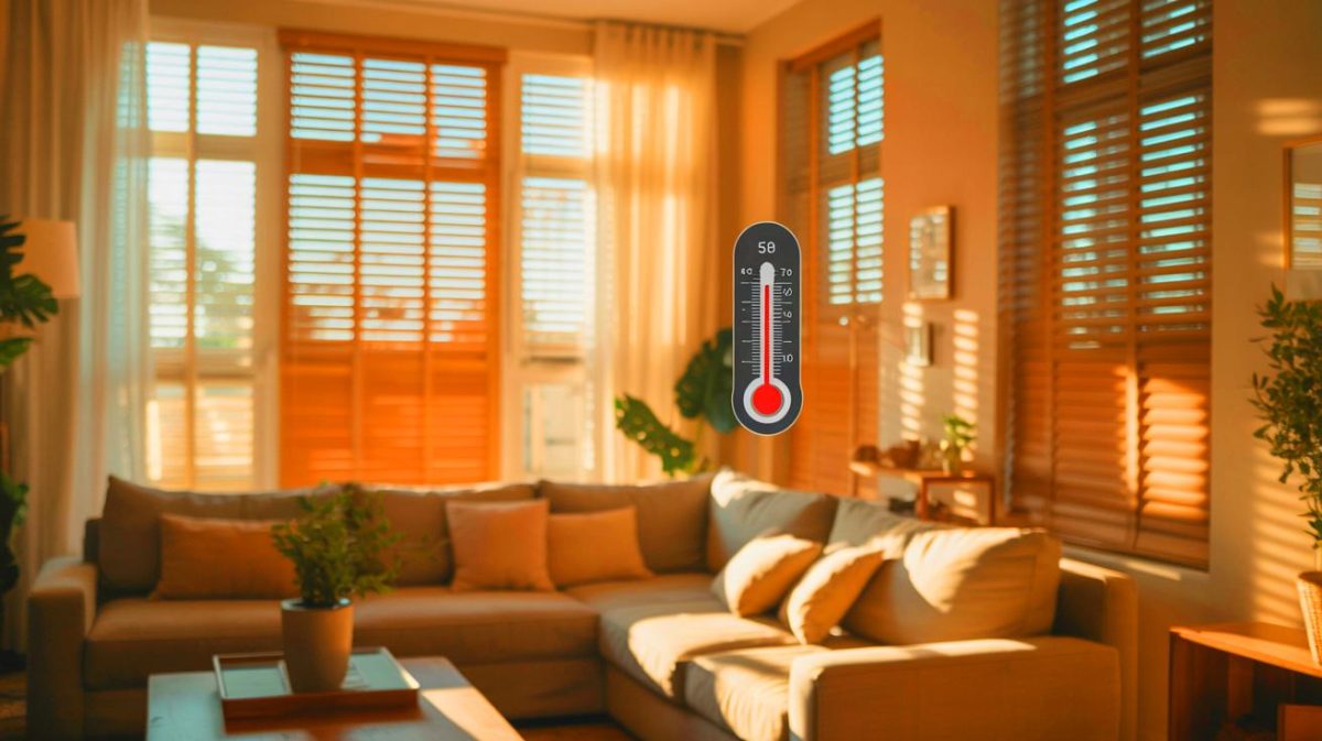 Illustration de stratégies pour garder une maison fraîche pendant une vague de chaleur, générée par intelligence artificielle.