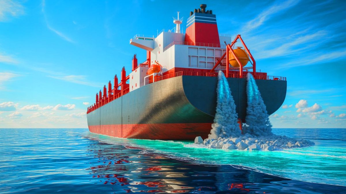 « On piège le CO₂ pour en faire de la pierre » : la technologie Seabound transforme les gaz polluants en calcaire solide à bord des navires Illustration de la technologie de capture de CO₂ transformant les émissions des navires en calcaire, générée par intelligence artificielle.