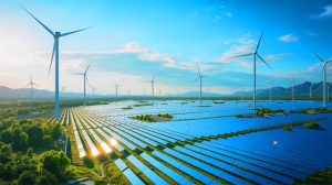 Illustration de la Chine établissant un record mondial de capacités solaires et éoliennes, générée par intelligence artificielle.