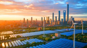 Illustration de la baisse des émissions de gaz à effet de serre en Chine, générée par intelligence artificielle.