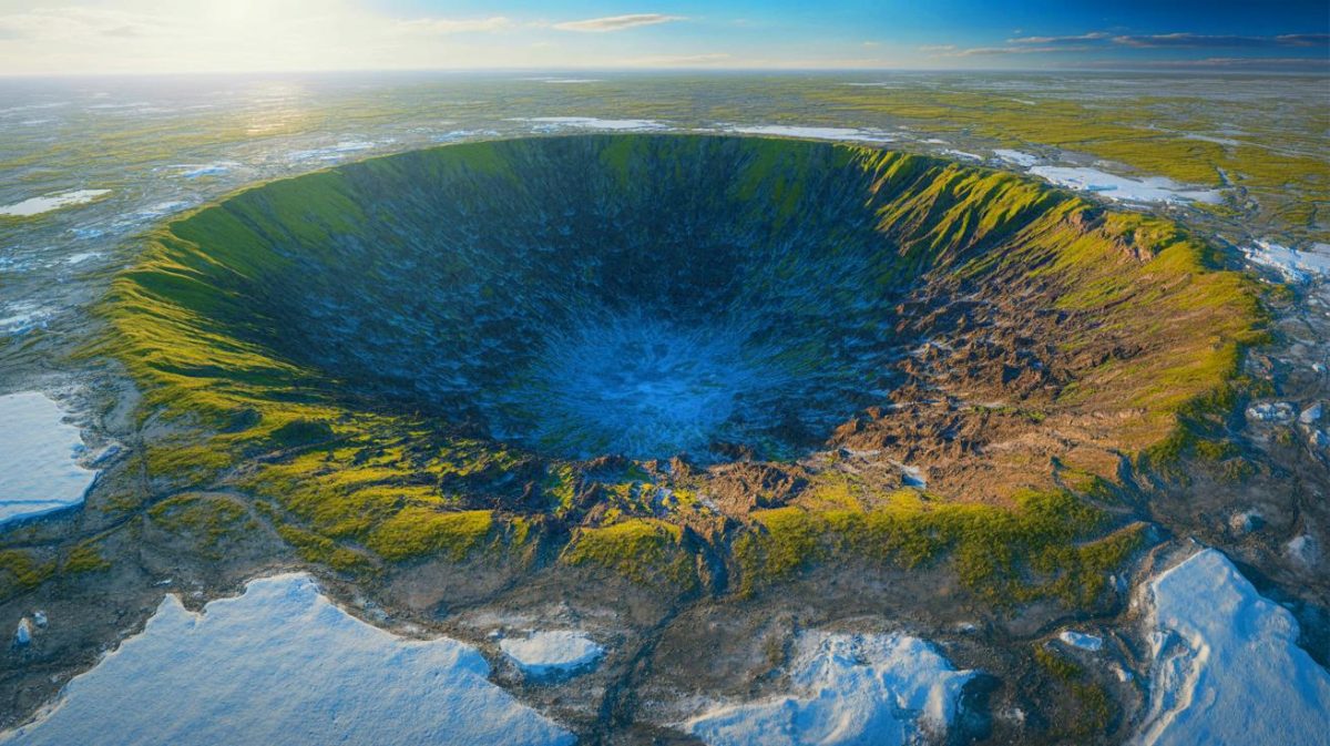 « La terre s’ouvre comme jamais vu » : cette expansion terrifiante de la « porte des enfers » en Sibérie révèle une urgence climatique effrayante et menaçante Illustration de l'expansion du cratère de Batagay en Sibérie, générée par intelligence artificielle.