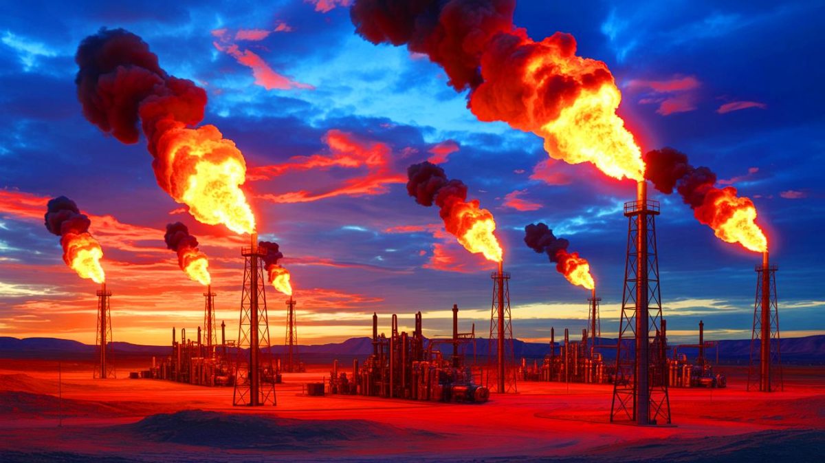 Illustration de l'impact environnemental du torchage de gaz, générée par intelligence artificielle.