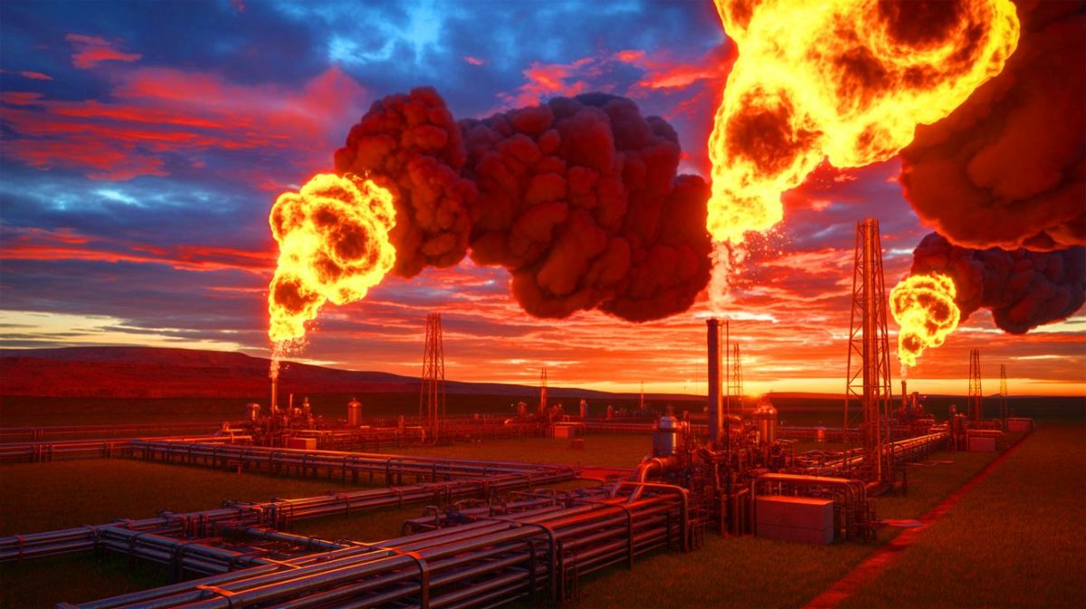 « On brûle 58 milliards d’euros par an dans le vide » : la Banque mondiale alerte sur un torchage de gaz hors de contrôle depuis 2007 Illustration de l'augmentation du torchage de gaz et de ses impacts environnementaux, générée par intelligence artificielle.
