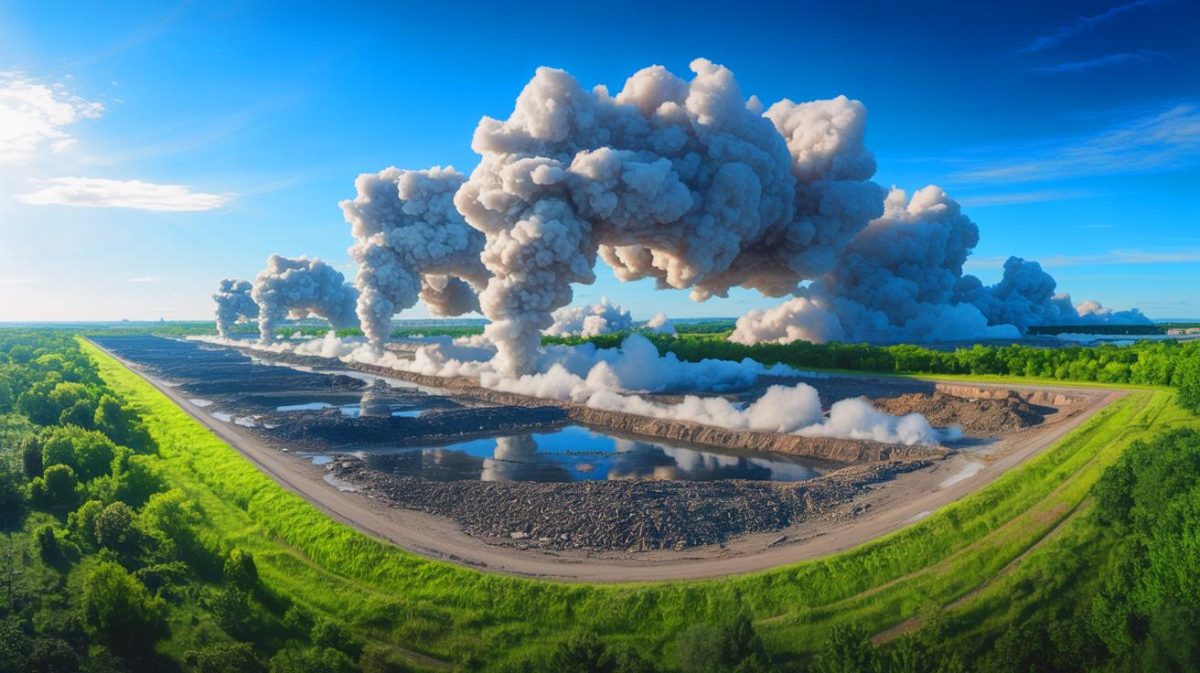 Illustration de décharges américaines émettant du méthane, générée par intelligence artificielle.