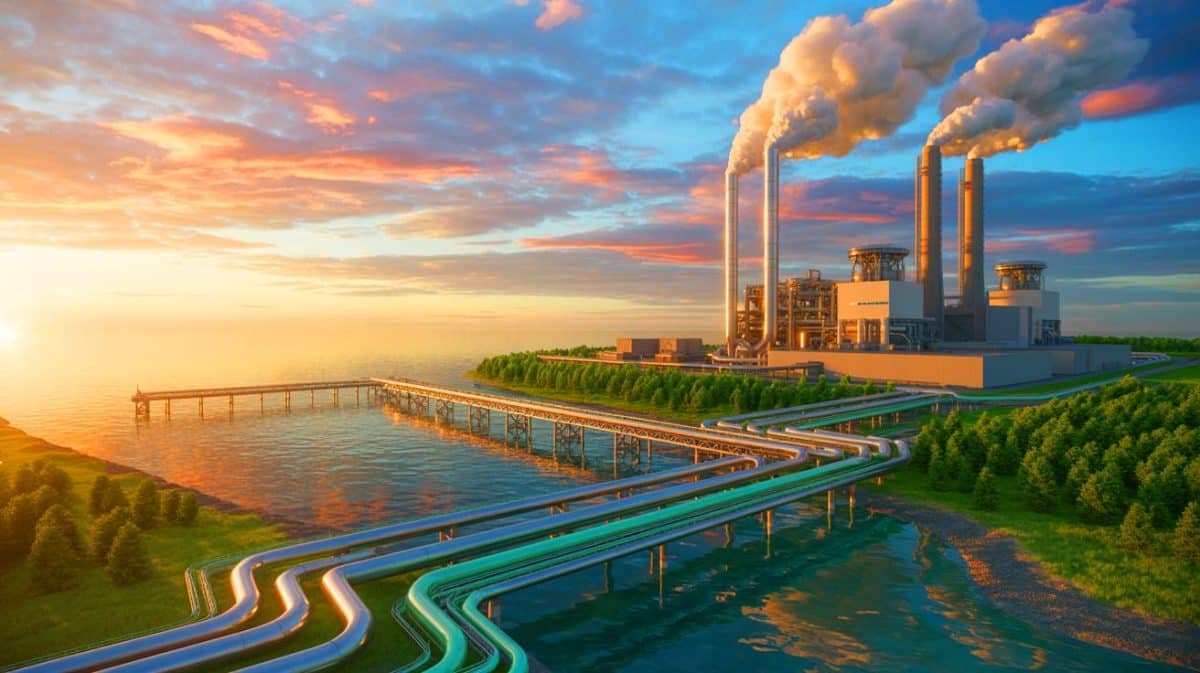 Illustration de la centrale à gaz de Teesside capturant et stockant le CO2, créée par intelligence artificielle.