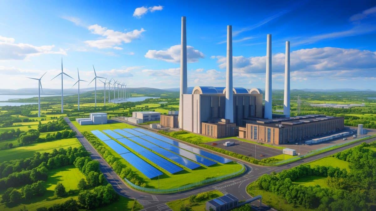 Illustration de la fermeture de la centrale à charbon de Moneypoint en Irlande, générée par intelligence artificielle.