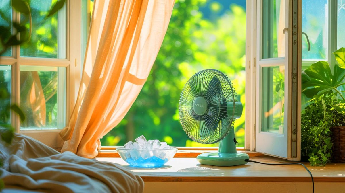 Illustration de techniques économiques pour rester au frais durant la canicule, créée par intelligence artificielle.