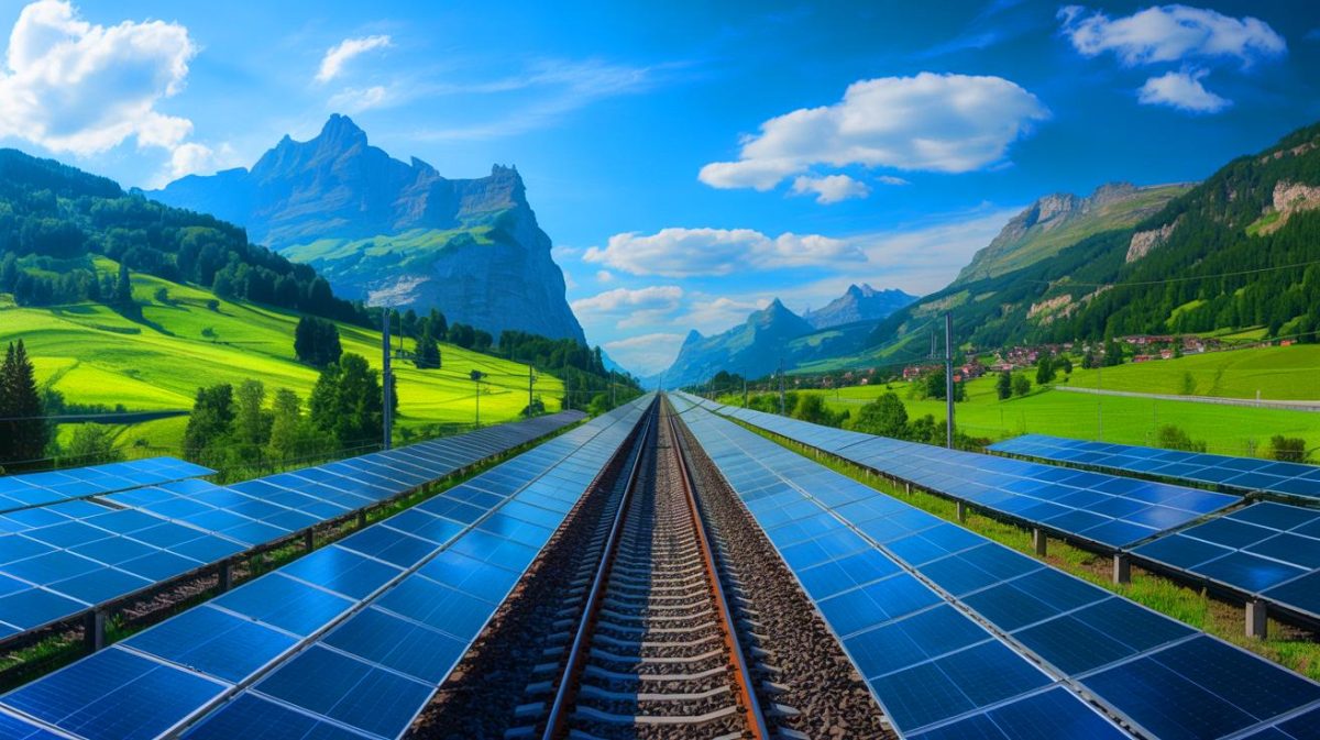 Illustration de l'utilisation innovante des voies ferrées suisses pour la production d'énergie solaire, générée par intelligence artificielle.
