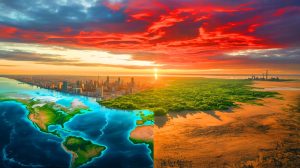 Illustration de la hausse potentielle de la température mondiale de 7 °C d'ici 2200, générée par intelligence artificielle.