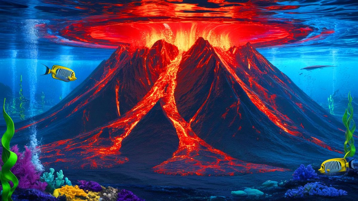 Illustration de l'activité sismique du volcan sous-marin Axial Seamount, générée par intelligence artificielle.