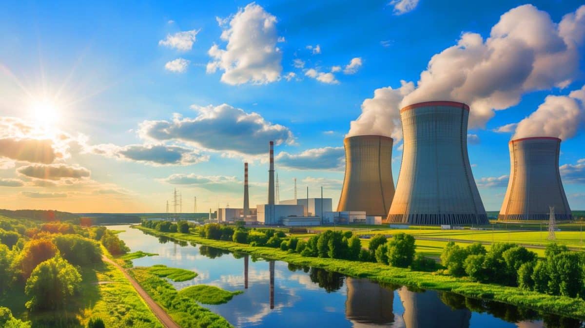 Illustration de la centrale nucléaire du Bugey confrontée à la canicule, générée par intelligence artificielle.