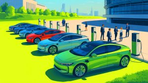 Illustration de la transition accélérée vers les flottes professionnelles électriques en Europe, générée par intelligence artificielle.