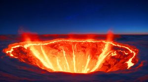 Illustration de l'extinction envisagée des flammes du cratère de Darvaza au Turkménistan.
