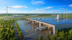 Illustration de l'implantation de l'usine Safran dans l'Ain pour une aviation durable.