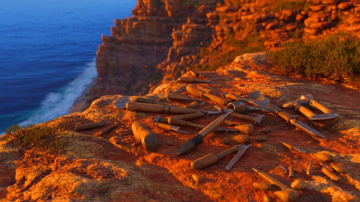 Illustration de la découverte d'outils en pierre datant de 20 000 ans sur la falaise sud-africaine.