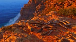 Illustration de la découverte d'outils en pierre datant de 20 000 ans sur la falaise sud-africaine.