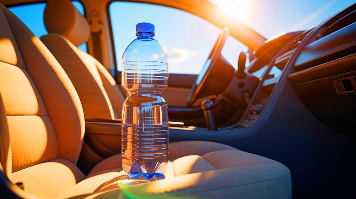 Cette eau en bouteille dans votre voiture est un « poison silencieux » : ce que les experts ne veulent pas que vous sachiez sur le plastique chauffé au soleil Illustration de l'impact de la chaleur sur une bouteille d'eau en plastique oubliée dans une voiture.