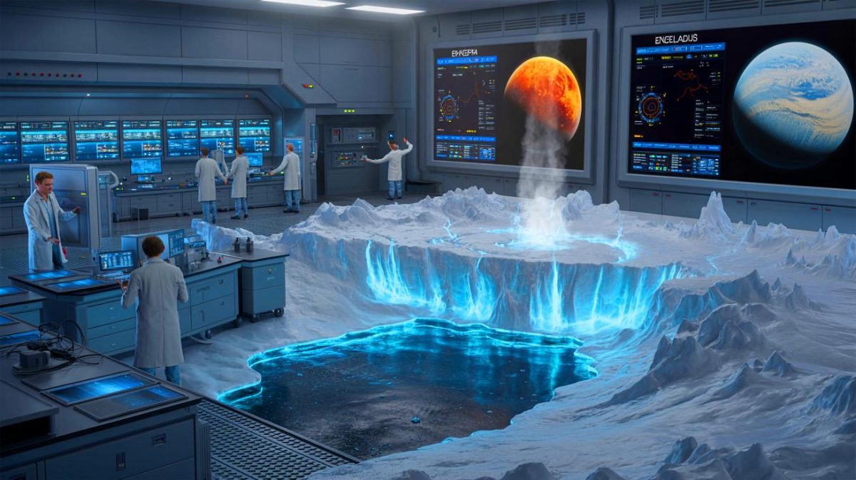 Illustration de la simulation de volcans sur des lunes glacées pour la recherche de vie extraterrestre.