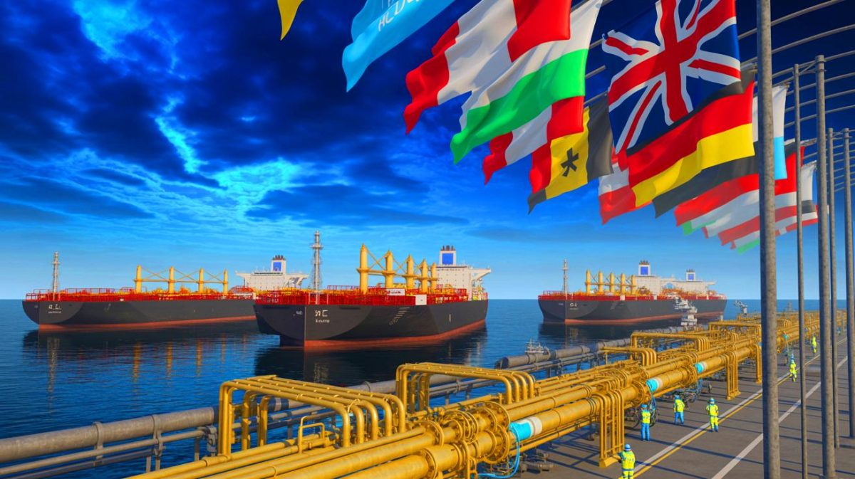 Illustration de la chute des exportations russes de combustibles fossiles et son impact sur l'économie mondiale.