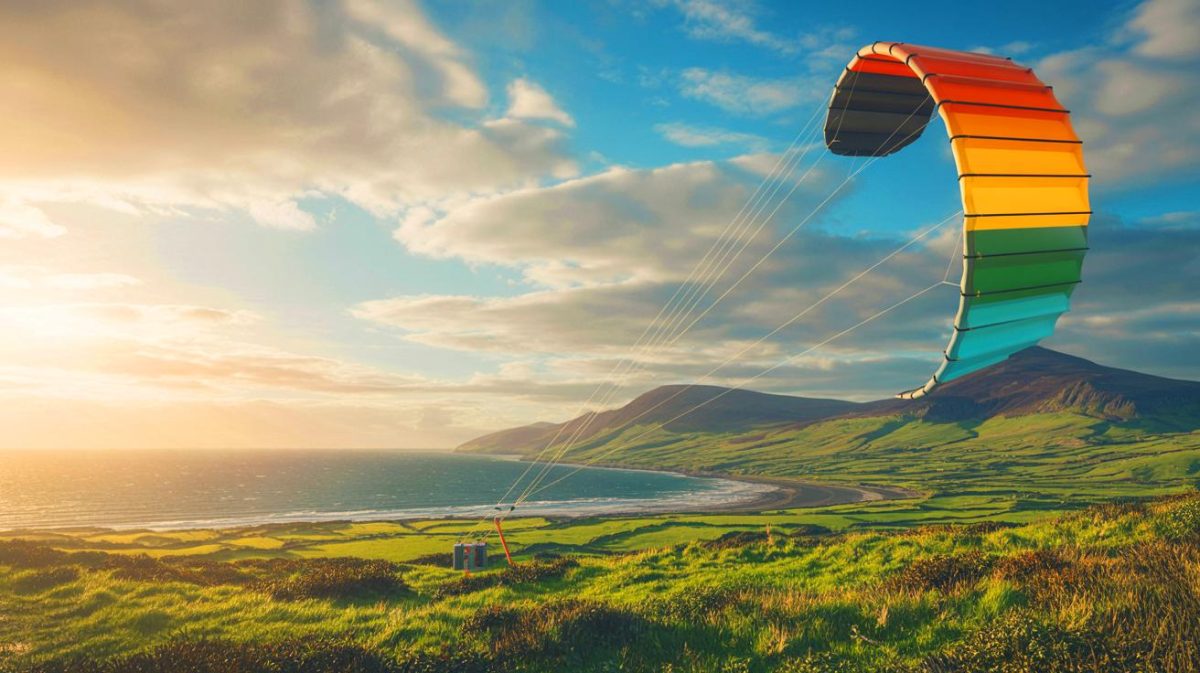 « Nos cerfs-volants produisent de l’électricité verte » : en Irlande, une technologie étonnante qui pourrait transformer l’énergie renouvelable Illustration de cerfs-volants géants capturant l'énergie du vent pour produire de l'électricité renouvelable en Irlande.