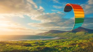 Illustration de cerfs-volants géants capturant l'énergie du vent pour produire de l'électricité renouvelable en Irlande.