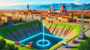 Illustration de la découverte d'un gisement de gaz sous la ville de Florence et ses implications économiques et environnementales.