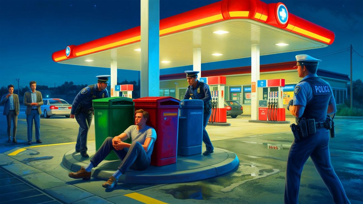 Illustration de l'arrestation de Lucas Weikel pour tentative de vol en état d'ébriété dans une station-service.