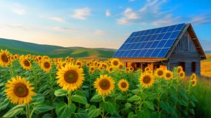 Illustration de la transition énergétique en Moldavie avec des panneaux solaires et champs de tournesols.