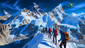 Illustration de l'ascension du mont Everest par des alpinistes britanniques utilisant le gaz xénon pour une acclimatation rapide.