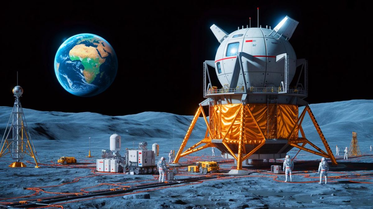 Les États-Unis s’affrontent sur la Lune : « La tension monte dangereusement » pour les ressources lunaires précieuses Illustration de l'installation prévue d'un réacteur nucléaire sur la Lune par les États-Unis.