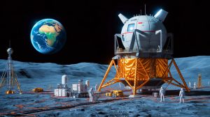 Illustration de l'installation prévue d'un réacteur nucléaire sur la Lune par les États-Unis.